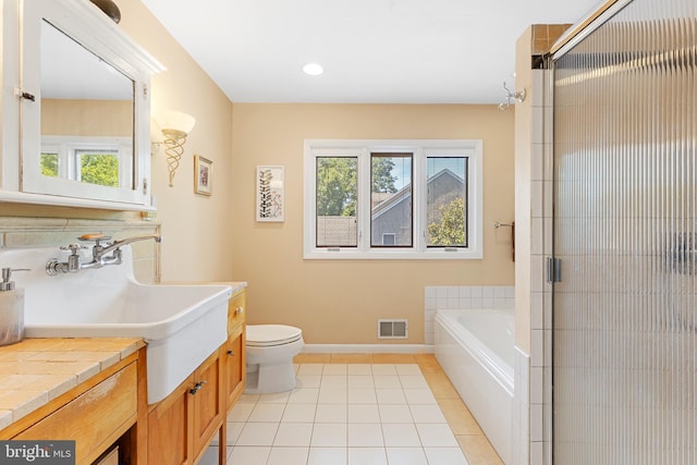 76 Deepdale Rd, Wayne, PA 19087 - bathroom with vanity, a bath, tile patterned floors, a shower with shower door, and recessed lighting