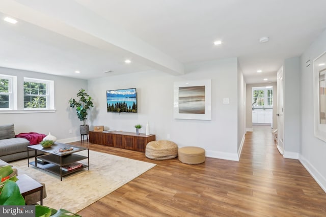 living area with recessed lighting, baseboards, and wood finished floors