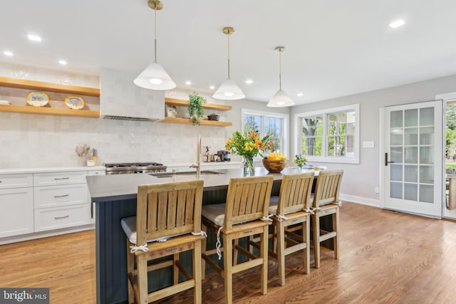 kitchen featuring open shelves, a sink, premium range hood, decorative light fixtures, and decorative backsplash