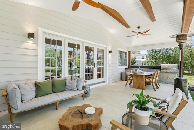 view of patio / terrace featuring ceiling fan, outdoor lounge area, outdoor dining area, french doors, and area for grilling