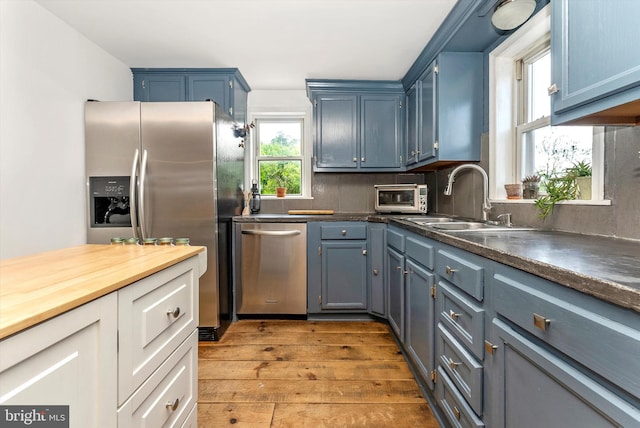 5431 Hines Rd, Frederick, MD 21704 - kitchen with appliances with stainless steel finishes, a sink, blue cabinetry, hardwood / wood-style floors, and a toaster