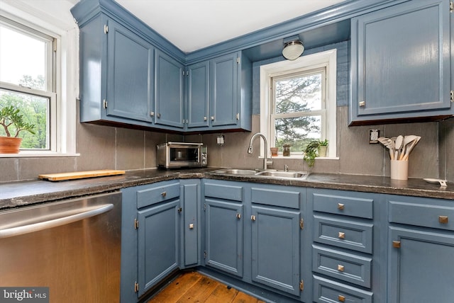 5431 Hines Rd, Frederick, MD 21704 - kitchen featuring stainless steel dishwasher, blue cabinets, and a sink