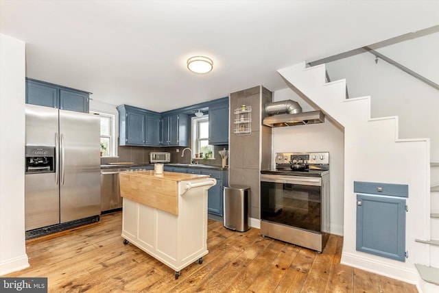 5431 Hines Rd, Frederick, MD 21704 - kitchen featuring a center island, stainless steel appliances, a sink, light wood finished floors, and blue cabinetry