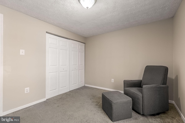 living area with carpet, baseboards, and a textured ceiling