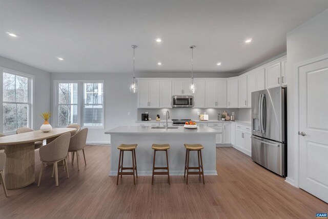 2963 Rambling Brook Ln, Crozet, VA 22932 - kitchen featuring stainless steel appliances, an island with sink, light wood-type flooring, and a sink