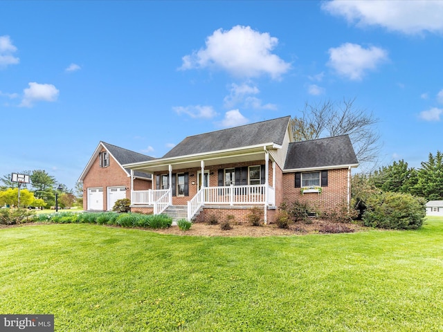 view of front of house featuring brick siding, a porch, and a front lawn