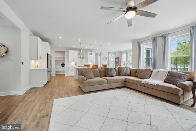 187 Boxelder Dr, Stafford, VA 22554 - living room featuring ceiling fan, recessed lighting, light wood-style floors, and plenty of natural light