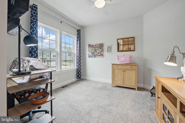 187 Boxelder Dr, Stafford, VA 22554 - office area with ceiling fan, baseboards, visible vents, and light carpet