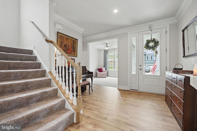 187 Boxelder Dr, Stafford, VA 22554 - foyer with light wood finished floors, recessed lighting, stairs, ceiling fan, and ornamental molding
