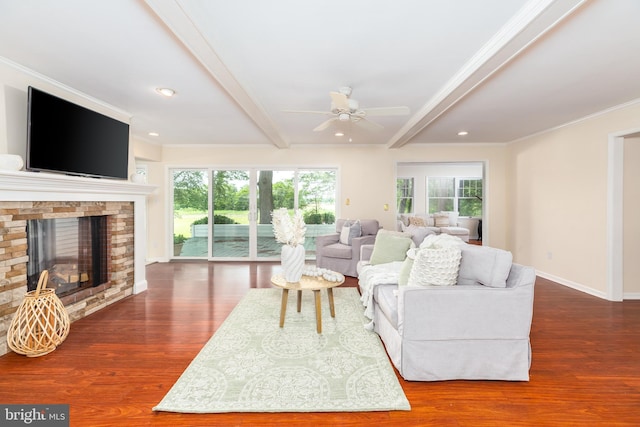 3188 Windrows Way, Eden, MD 21822 - living room with a ceiling fan, wood finished floors, beamed ceiling, baseboards, and a fireplace
