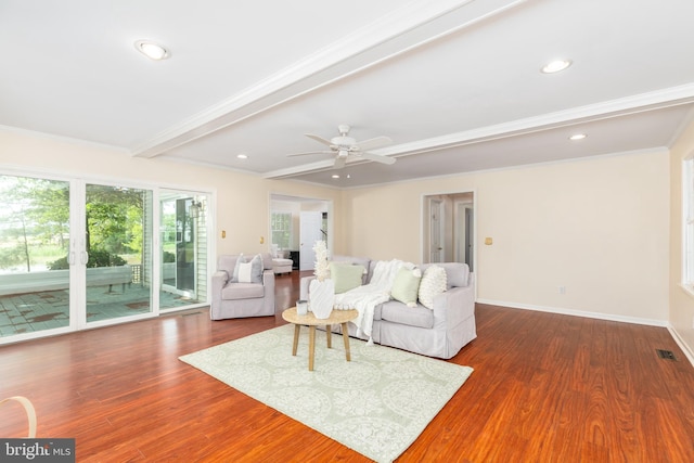 3188 Windrows Way, Eden, MD 21822 - living room with wood finished floors, ornamental molding, recessed lighting, baseboards, and a ceiling fan
