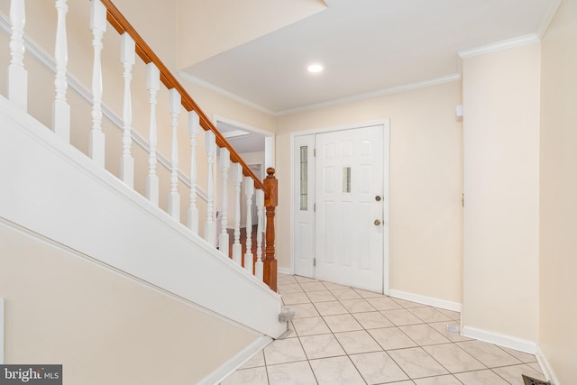 3188 Windrows Way, Eden, MD 21822 - foyer featuring light tile patterned floors, ornamental molding, stairway, baseboards, and recessed lighting