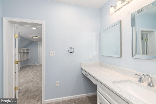 3188 Windrows Way, Eden, MD 21822 - bathroom featuring vanity, a baseboard radiator, and vaulted ceiling