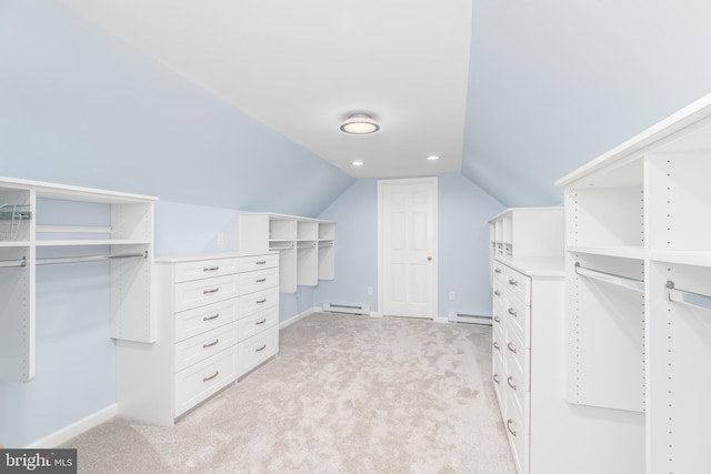 3188 Windrows Way, Eden, MD 21822 - walk in closet featuring a baseboard heating unit, lofted ceiling, and light carpet