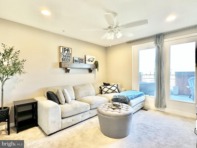 living room featuring baseboards, recessed lighting, ceiling fan, and carpet floors