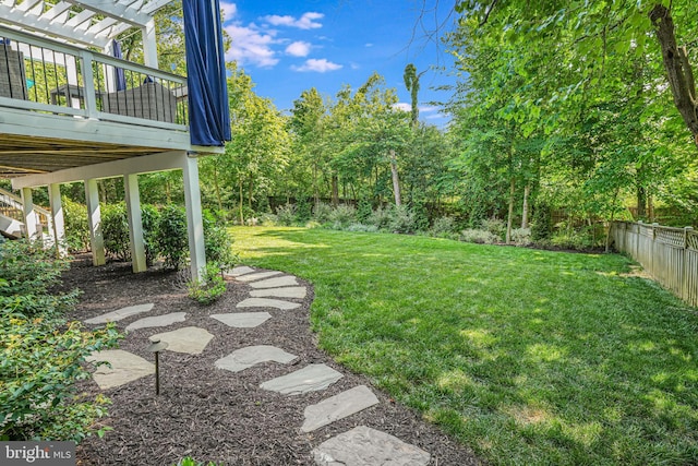 view of yard featuring a pergola and a fenced backyard