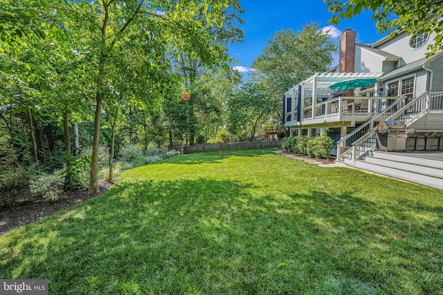 view of yard featuring stairs, a wooden deck, and fence