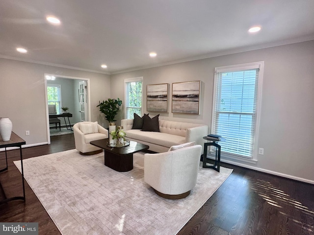 living room with baseboards, ornamental molding, and recessed lighting