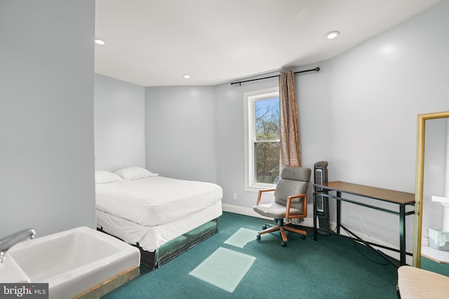 bedroom with carpet flooring, recessed lighting, and baseboards