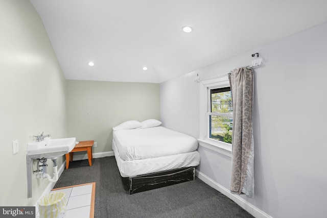 bedroom featuring baseboards, carpet flooring, and recessed lighting