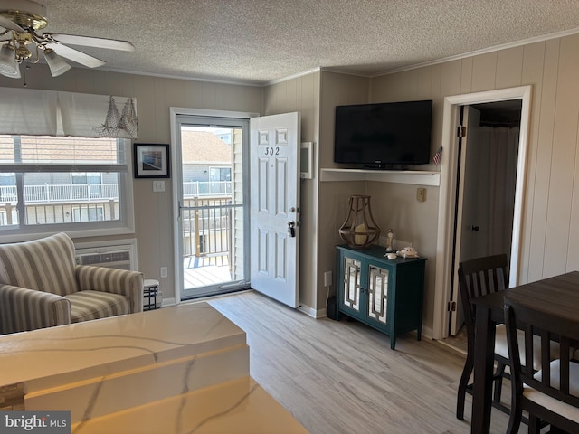 6 122nd St Unit 302, Ocean City, MD 21842 - living room with ornamental molding, a textured ceiling, light wood-style floors, and ceiling fan