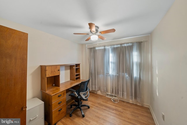 office area with light wood-type flooring, visible vents, and ceiling fan