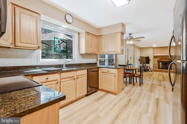 10866 Monticello Ct, Great Falls, VA 22066 - kitchen featuring dishwasher, light brown cabinetry, and freestanding refrigerator