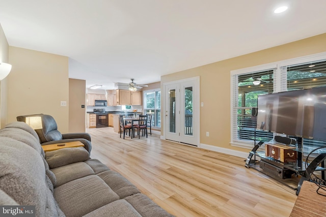 10866 Monticello Ct, Great Falls, VA 22066 - living room featuring light wood finished floors, baseboards, ceiling fan, and recessed lighting