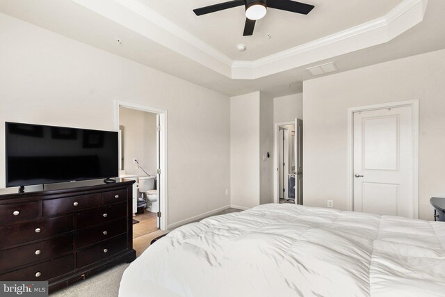 719 Thurlow Ct, Bel Air, MD 21014 - bedroom featuring ornamental molding, a tray ceiling, baseboards, and light carpet