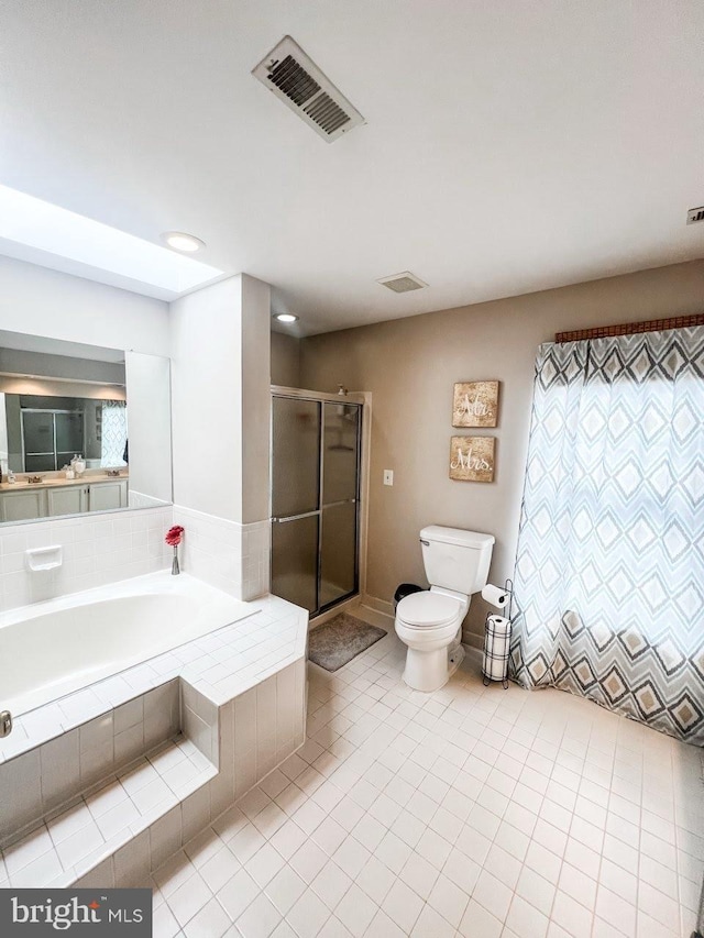 bathroom with a shower stall, tile patterned floors, a bath, toilet, and visible vents