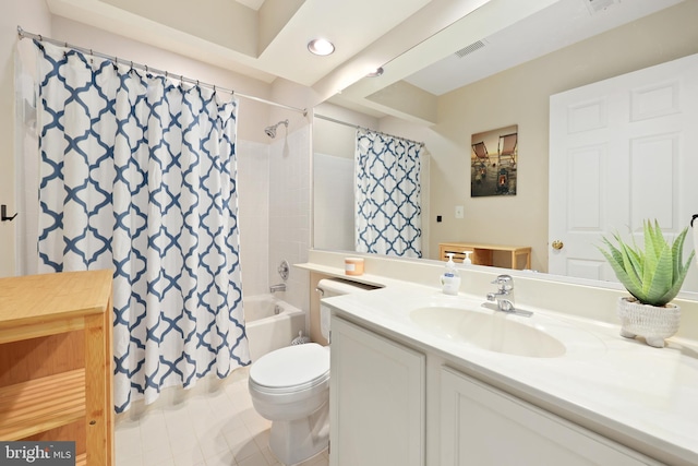 full bathroom with tile patterned flooring, shower / bath combination with curtain, visible vents, toilet, and vanity