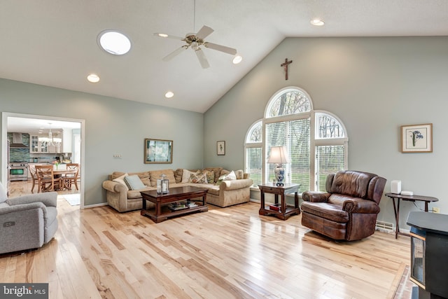 5855 Springmount Ct, Eldersburg, MD 21784 - living area with recessed lighting, light wood-style flooring, high vaulted ceiling, and ceiling fan