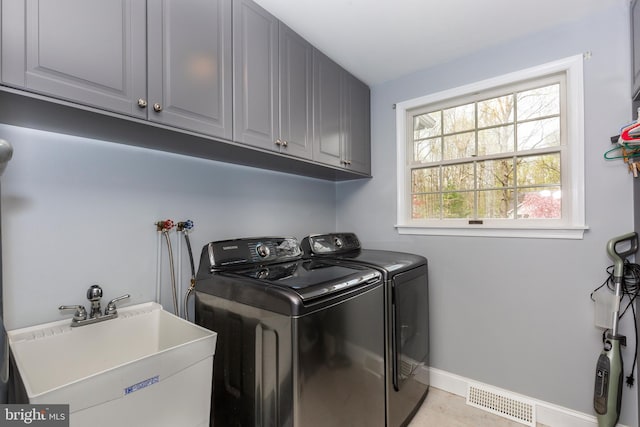 5855 Springmount Ct, Eldersburg, MD 21784 - laundry room featuring washing machine and clothes dryer, a sink, baseboards, visible vents, and cabinet space