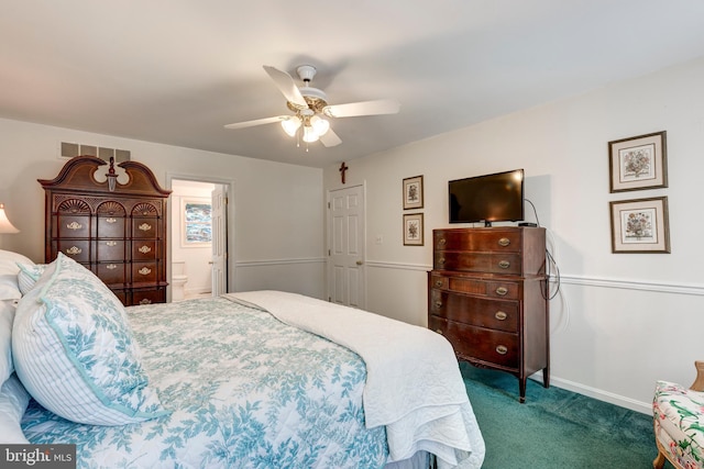 5855 Springmount Ct, Eldersburg, MD 21784 - carpeted bedroom with baseboards, a ceiling fan, visible vents, and ensuite bathroom