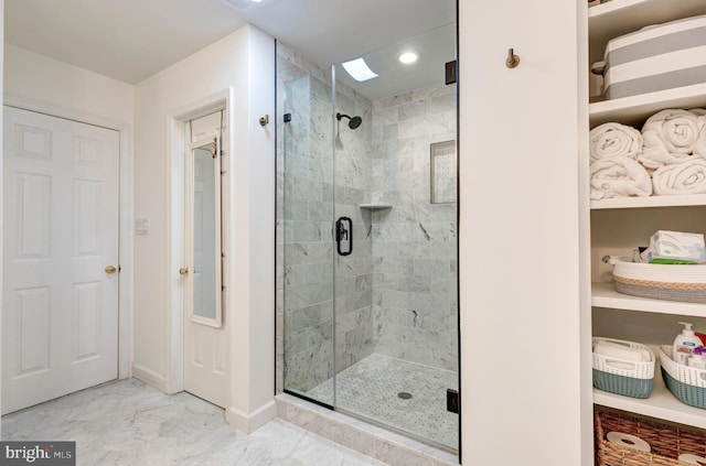 5855 Springmount Ct, Eldersburg, MD 21784 - bathroom with baseboards, marble finish floor, recessed lighting, and a shower stall
