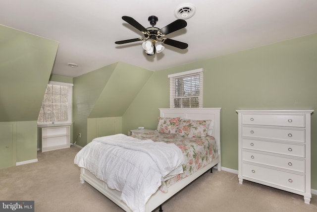 5855 Springmount Ct, Eldersburg, MD 21784 - bedroom featuring vaulted ceiling, baseboards, visible vents, light colored carpet, and ceiling fan