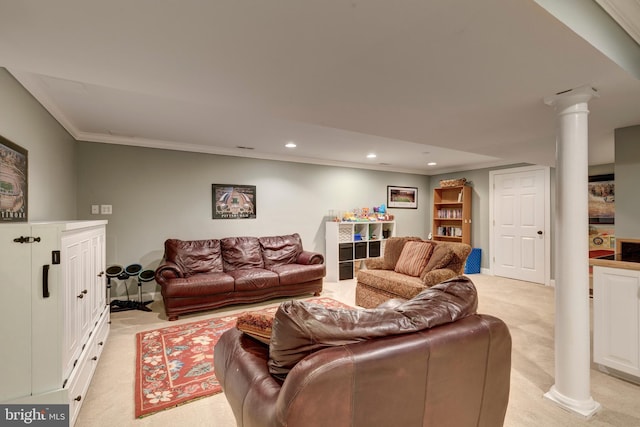 5855 Springmount Ct, Eldersburg, MD 21784 - living room featuring decorative columns, light colored carpet, baseboards, ornamental molding, and recessed lighting