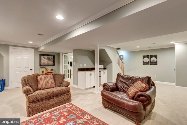 5855 Springmount Ct, Eldersburg, MD 21784 - living room featuring baseboards, recessed lighting, light colored carpet, and crown molding