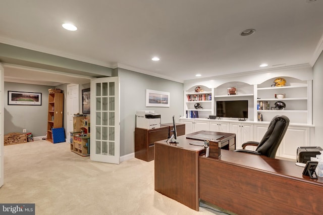 5855 Springmount Ct, Eldersburg, MD 21784 - office area with light carpet, crown molding, and recessed lighting