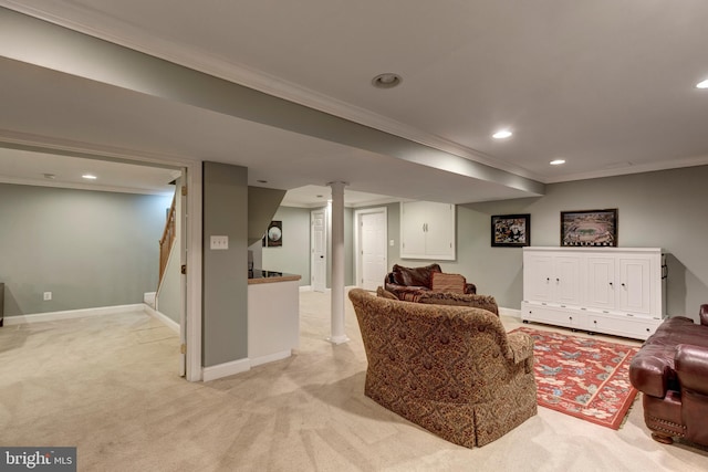 5855 Springmount Ct, Eldersburg, MD 21784 - living room featuring recessed lighting, baseboards, light colored carpet, and ornamental molding