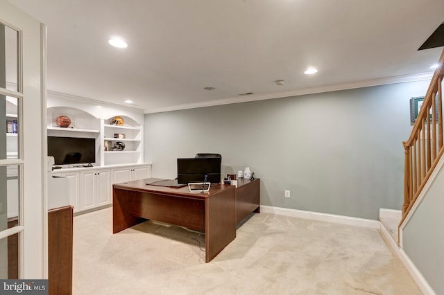 5855 Springmount Ct, Eldersburg, MD 21784 - home office featuring light colored carpet, baseboards, crown molding, and recessed lighting