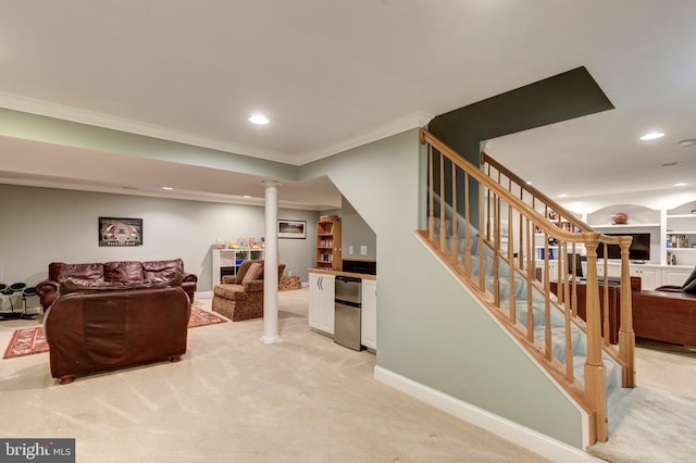5855 Springmount Ct, Eldersburg, MD 21784 - living area with stairway, crown molding, decorative columns, light colored carpet, and recessed lighting