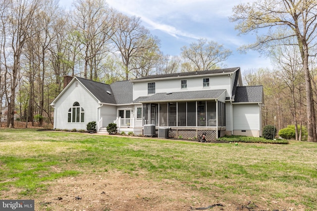 5855 Springmount Ct, Eldersburg, MD 21784 - rear view of house featuring roof with shingles, central AC unit, a lawn, a sunroom, and crawl space