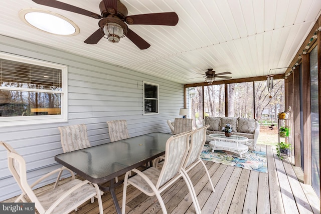 5855 Springmount Ct, Eldersburg, MD 21784 - sunroom with outdoor lounge area, a ceiling fan, and outdoor dining area
