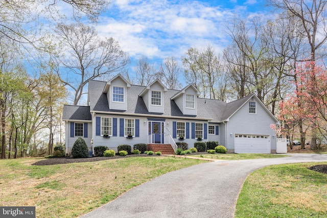 5855 Springmount Ct, Eldersburg, MD 21784 - cape cod home featuring driveway, a front yard, a shingled roof, and a garage