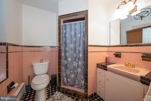 bathroom featuring tile walls, toilet, baseboard heating, and a tile shower