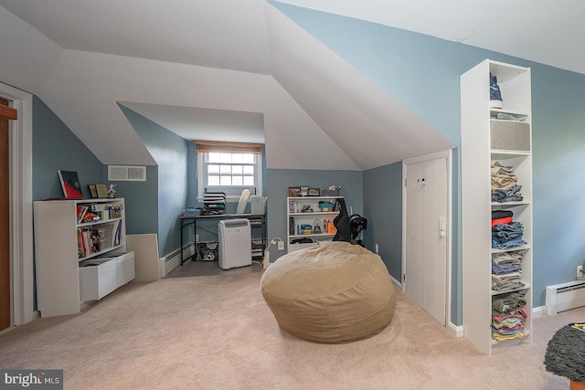 living area featuring vaulted ceiling, carpet, baseboard heating, and visible vents
