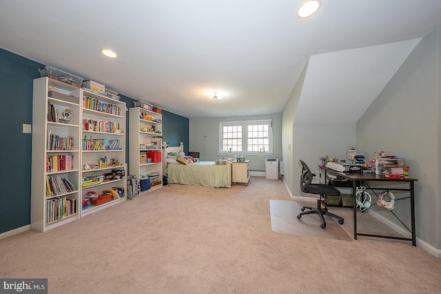 bedroom featuring baseboards, light carpet, baseboard heating, and recessed lighting