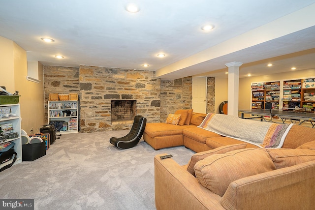 carpeted living room with recessed lighting