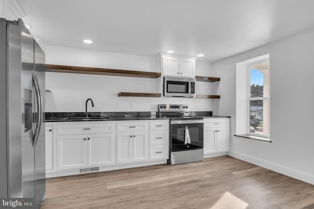kitchen featuring open shelves, a sink, stainless steel appliances, white cabinets, and visible vents